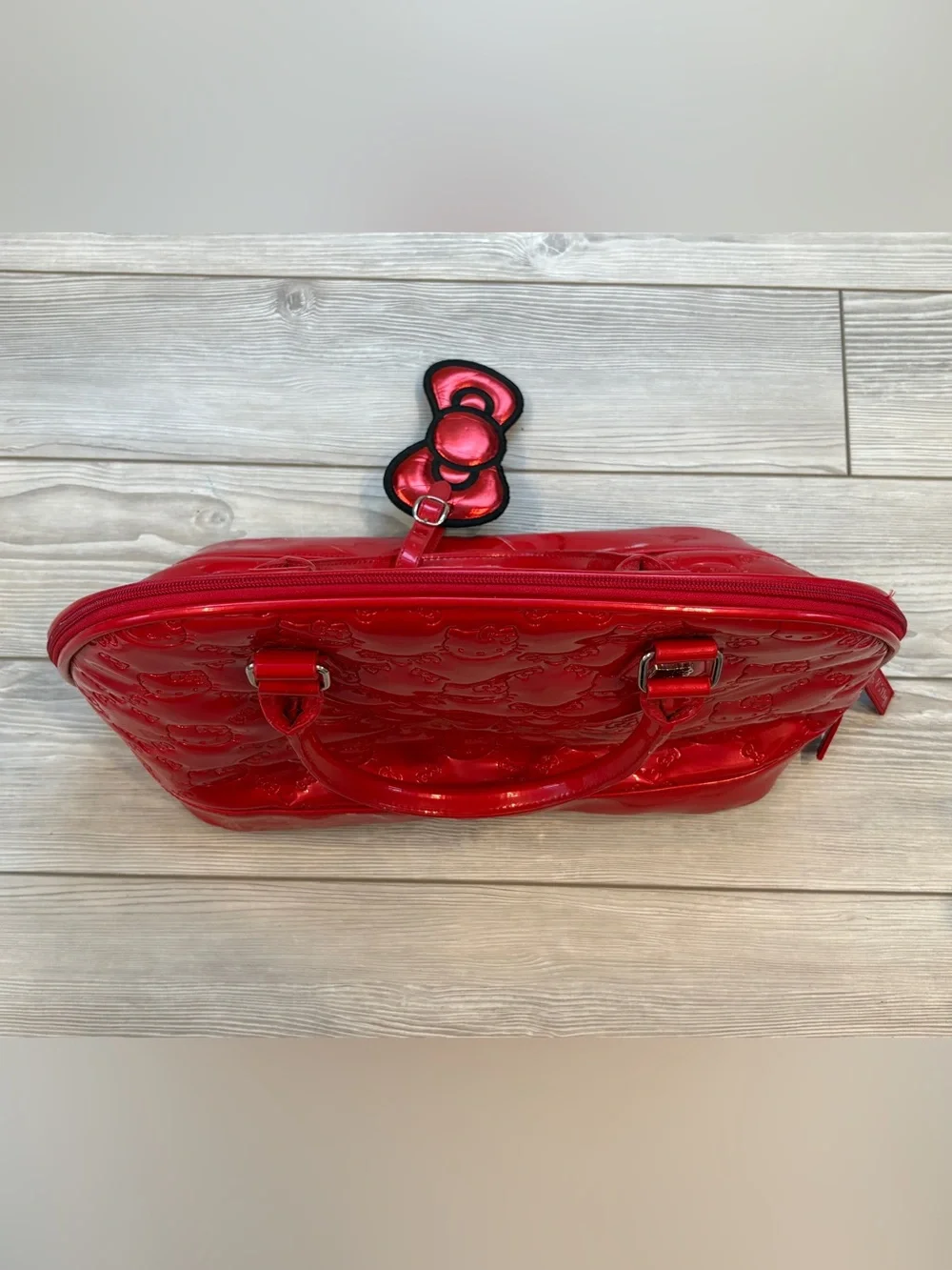 Vintage Sanrio Hello Kitty Red Patent Dome Bowler Bag Faux Leather Satchel 2010